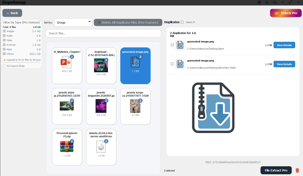 DupeSweep duplicate file finder interface showing scan results on Windows 11