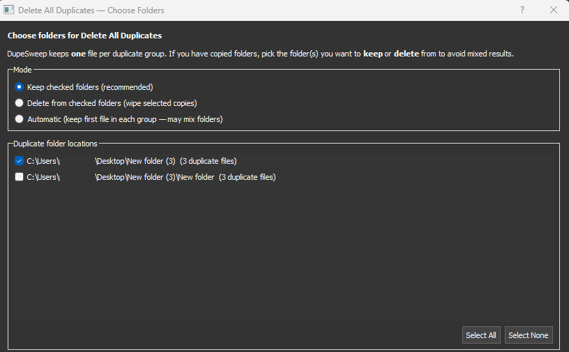 DupeSweep delete configuration window for keeping or deleting folders during bulk deletions