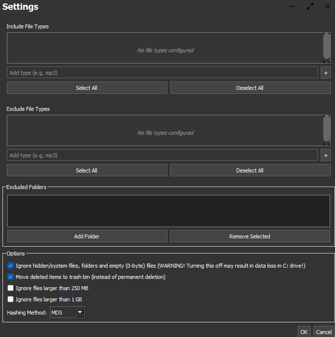 DupeSweep Settings window showing include file types, exclude file types, excluded folders, hidden file option, trash option, file size options, and hashing method