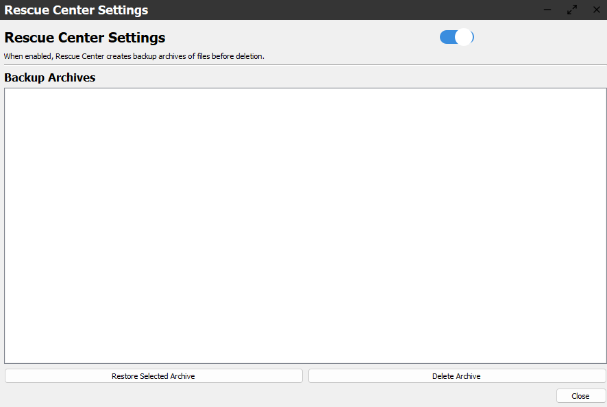 DupeSweep Rescue Center Settings window with backup archives and restore option